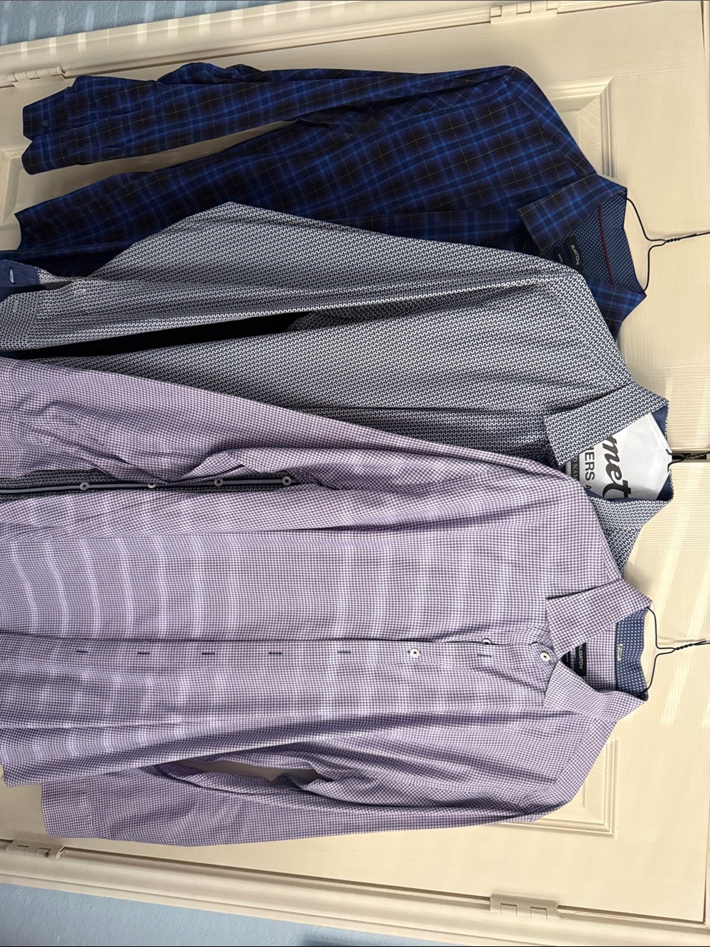 3 Bugatchi Blue Plaid, Royal/Black Geo & Lilac Microcheck Dress Shirts XXL